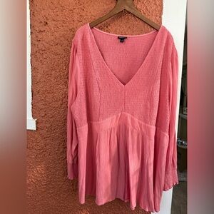 Torrid Gauze Long Sleeve Blouse Size 4XL Stretchy Salmon Bohemian Peasant